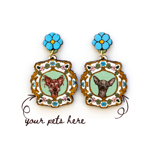 Vintage Floral Frame Pet Portrait Earrings (Two Pets)