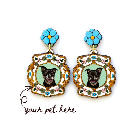 Vintage Floral Frame Pet Portrait Earrings (One Pet)