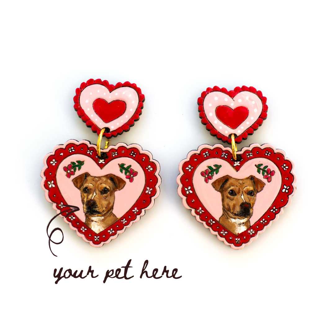 Frilly Heart Pet Portrait Earrings (One Pet)